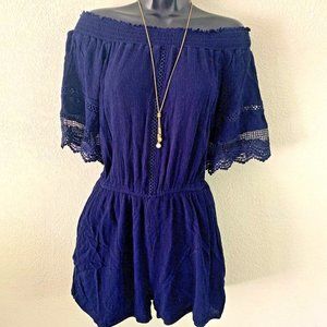 Love Fire Women Navy Romper Size M off the shoulder. Lace sleeve lined shorts